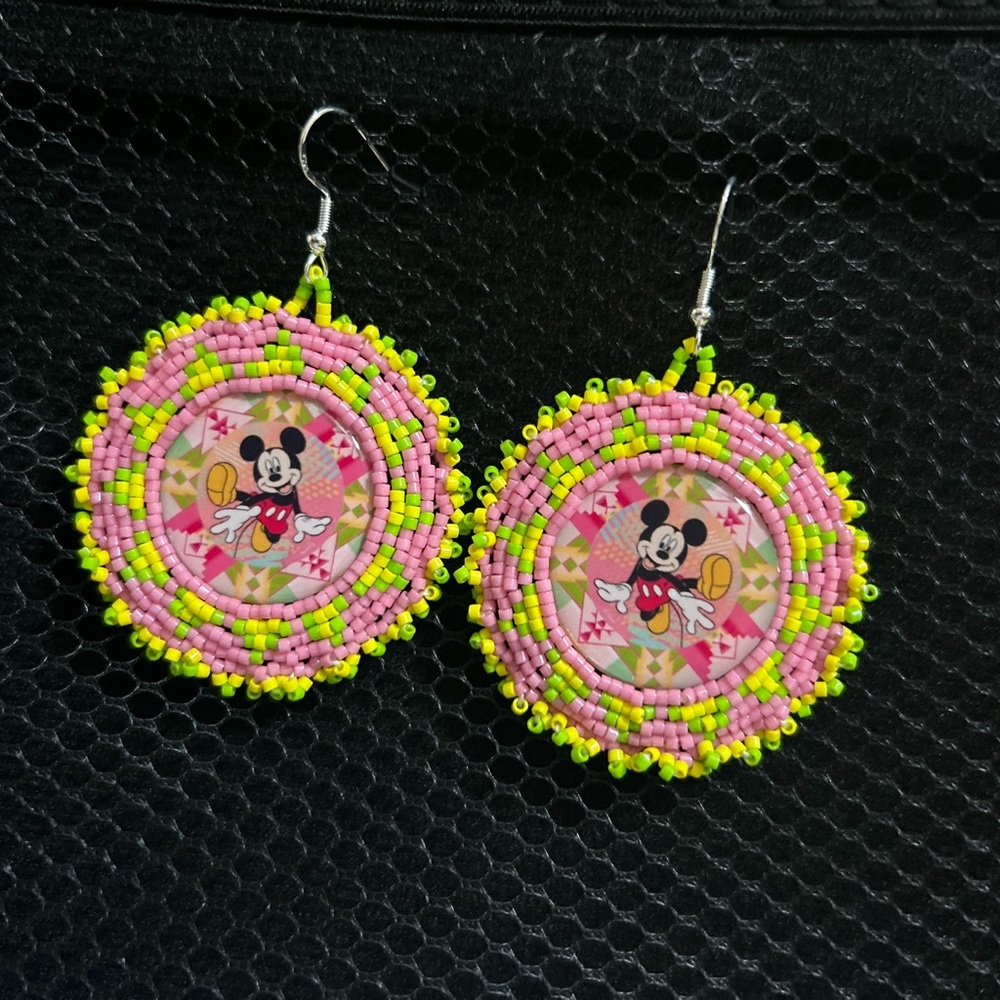 Mickey Mouse Beaded Earrings - Pink and Green